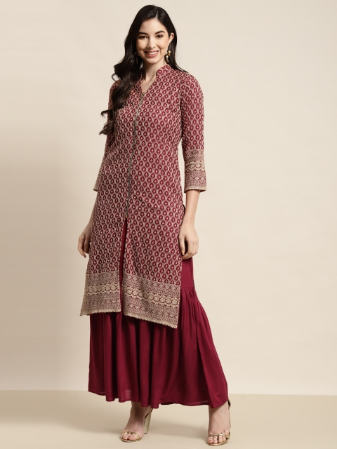

Jompers Women Maroon Ethnic Motifs Embroidered Chikankari Kurta with Sharara