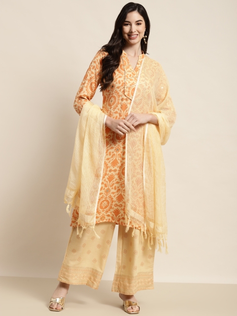

Jompers Women Orange Floral Printed Gotta Patti Kurta with Palazzos & With Dupatta