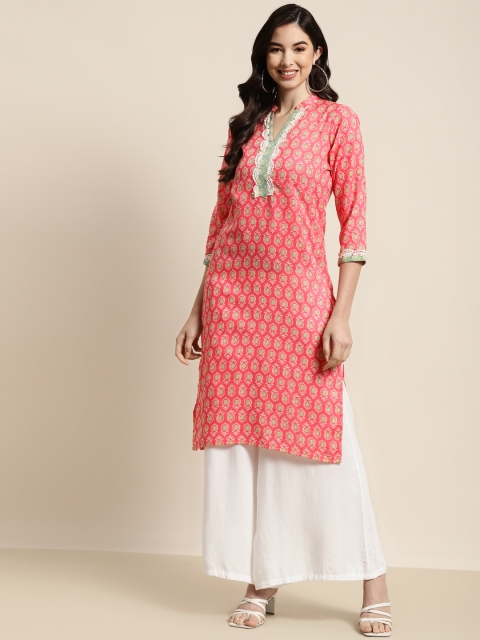 

Jompers Women Pink & Green Ethnic Motifs Block Printed Mandarin Collar Pure Cotton Kurta