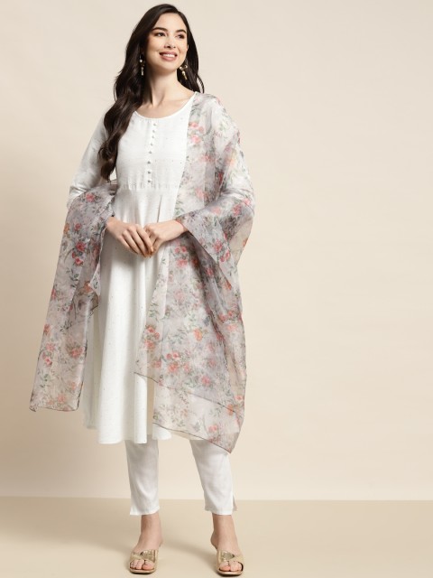 

Jompers Women White Woven Design Sequinned Kurta with Trousers & Dupatta