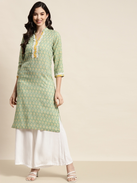 

Jompers Women Green & Off White Floral Printed Thread Work Block Print Kurta