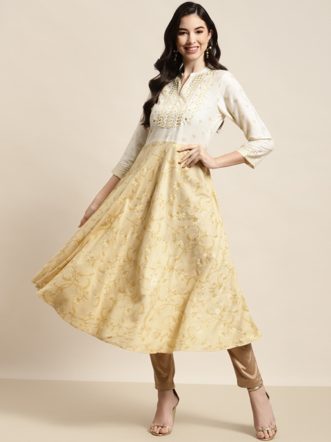 

Jompers Women Yellow & Off White Floral Printed Mandarin Collar Flared Hem A-Line Kurta