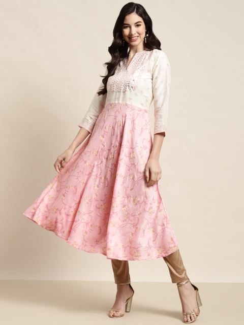 

Jompers Women Pink & Off White Floral Printed Mandarin Collar Flared Hem A-Line Kurta