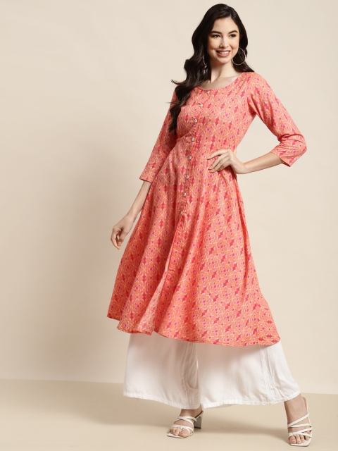 

Jompers Women Peach-Coloured Geometric Printed Pure Cotton Flared Hem A-Line Kurta