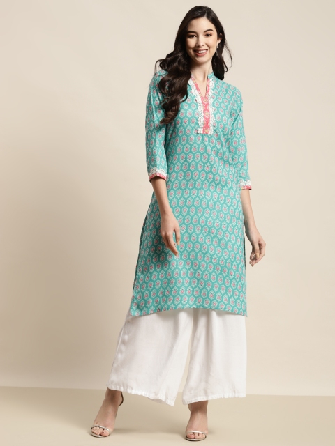 

Jompers Women Blue & Off White Floral Printed Thread Work Block Print Kurta