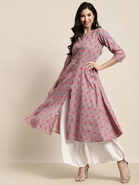 

Jompers Women Grey & Red Printed Kurta