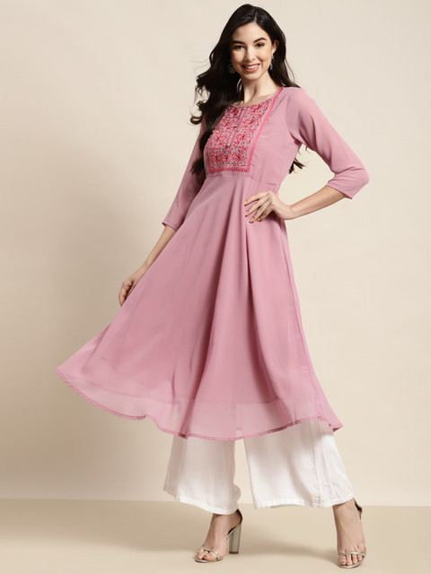 

Jompers Women Pink Pure Georgette Floral Yoke Design Anarkali Kurta