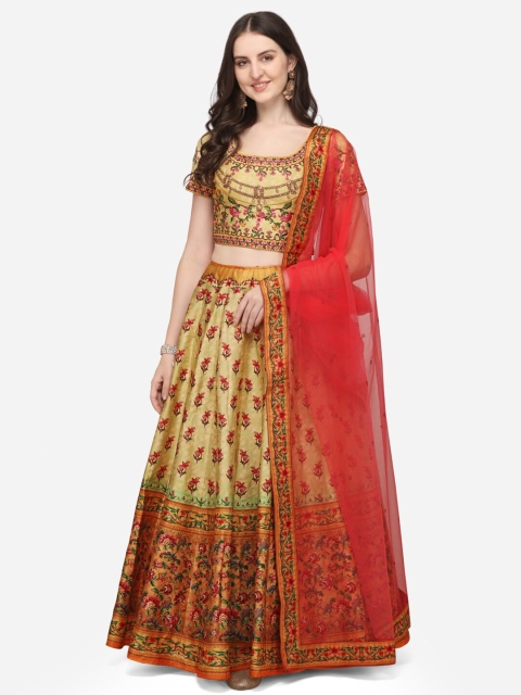 

SAPTRANGI Yellow Embroidered Semi-Stitched Lehenga & Unstitched Blouse With Dupatta