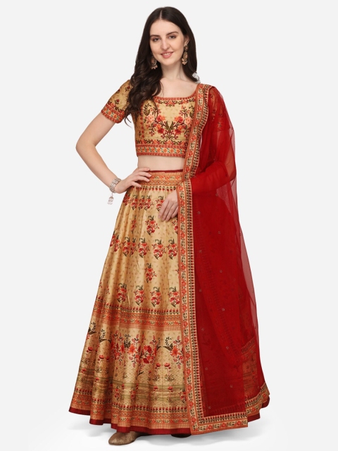 

SAPTRANGI Cream-Coloured & Maroon Embroidered Semi-Stitched Lehenga & Unstitched Blouse With Dupatta