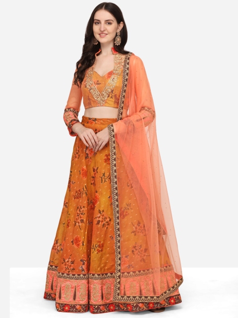 

SAPTRANGI Mustard & Brown Embroidered Semi-Stitched Lehenga & Unstitched Blouse With Dupatta