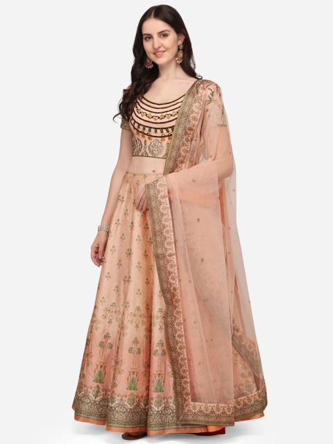 

SAPTRANGI Peach-Coloured & Green Embroidered Semi-Stitched Lehenga & Unstitched Blouse With Dupatta
