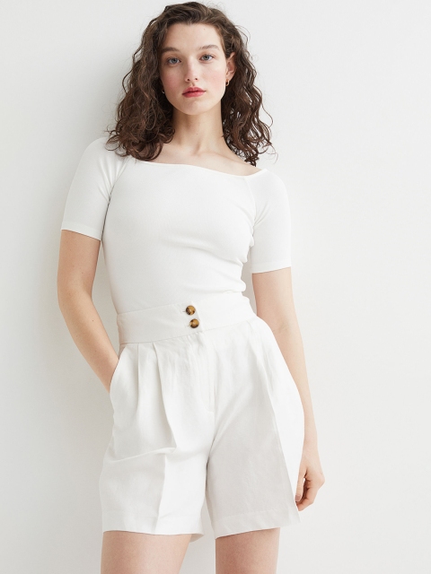 

H&M Women White Wide Linen-blend Shorts