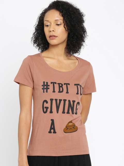 

ONLY Women Rust Brown Printed Round Neck T-shirt