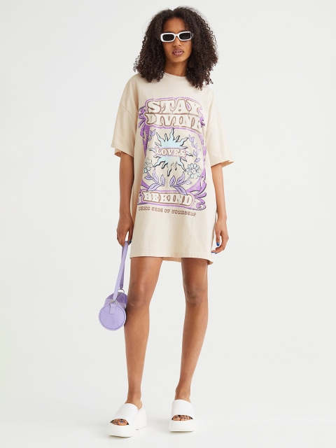 

H&M Women Beige Round Neck Oversized Printed T-Shirt Dress
