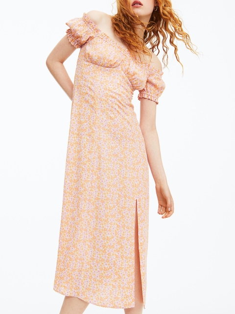 

H&M Women Orange Floral Puff-sleeved Dress, Multi
