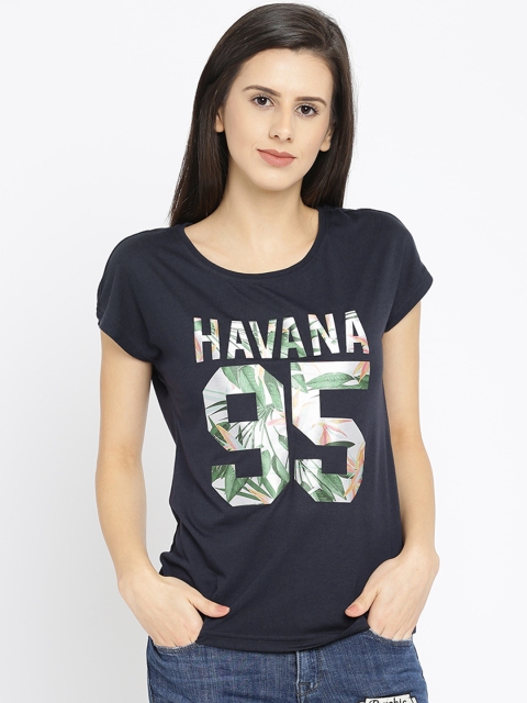 

ONLY Women Navy Blue Printed Round Neck T-shirt
