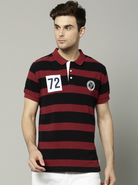

French Connection Men Navy Blue & Red Striped Polo T-shirt