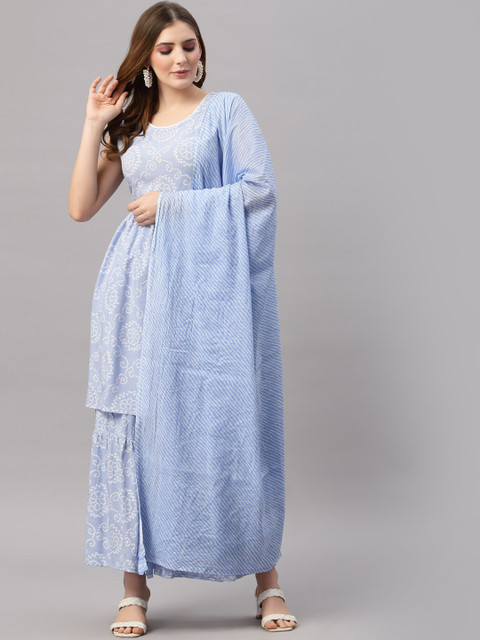 

JAIPURI BUNAAI Women Blue Pleated Kurti with Trousers & With Dupatta