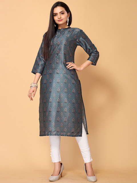 

Sangria Women Blue Floral Printed Straight Kurtas
