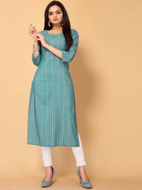 

all about you Women Sea Green & canton Striped Flared Sleeves Indie Prints Kurta