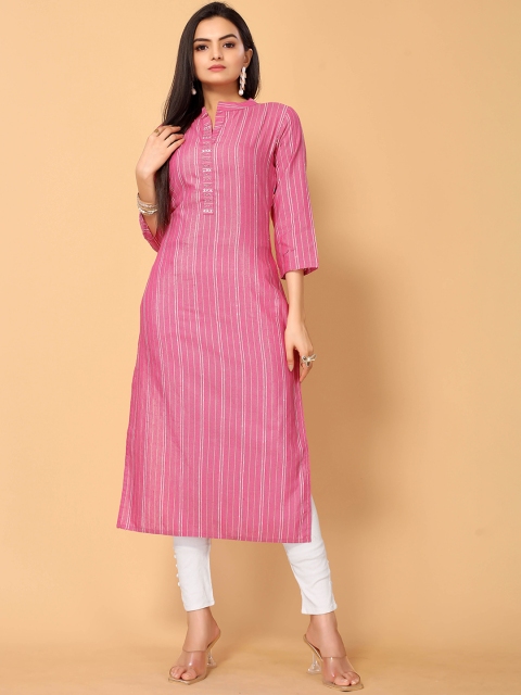 

all about you Women Pink & fuchsia pink Striped Flared Sleeves Thread Work Indie Prints Kurta