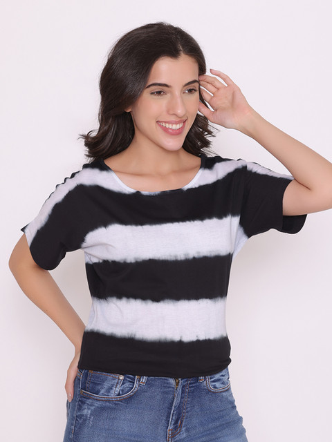 

FLAWLESS Women White Striped Drop-Shoulder Sleeves Monochrome T-shirt