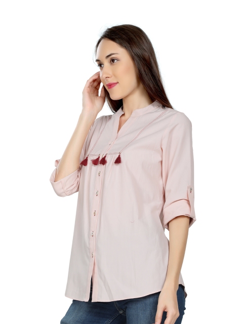 

ZINNIA Pink & white sand Mandarin Collar Roll-Up Sleeves Shirt Style Top