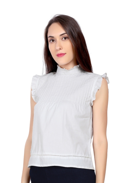 

ZINNIA White Mandarin Collar Ruffles Top