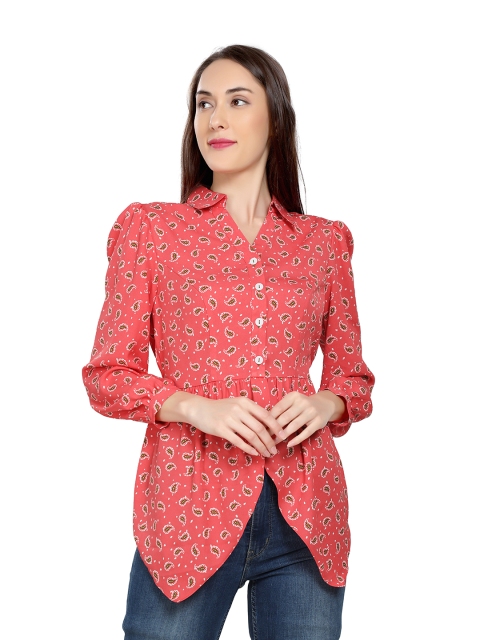 

ZINNIA Coral & emberglow Floral Print Crepe Shirt Style Top