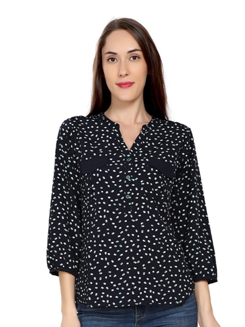 

ZINNIA Navy Blue & french middle red purple Geometric Print Mandarin Collar Crepe Top