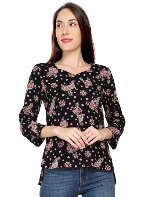 

ZINNIA Black & french middle red purple Floral Print Blouson Top