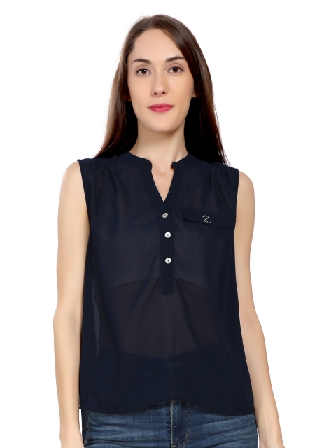 

ZINNIA Navy Blue & french middle red purple Mandarin Collar Georgette Top