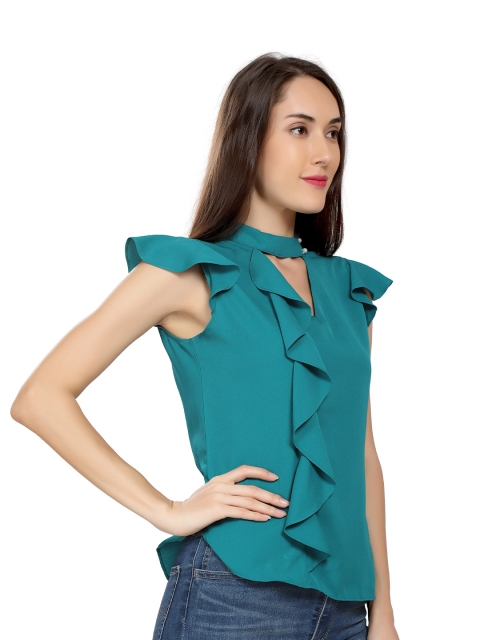 

ZINNIA Turquoise Blue Mandarin Collar Crepe Top