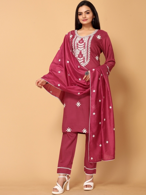 

all about you Women Maroon Floral Embroidered Thread Work Kurta with Salwar & With Dupatta