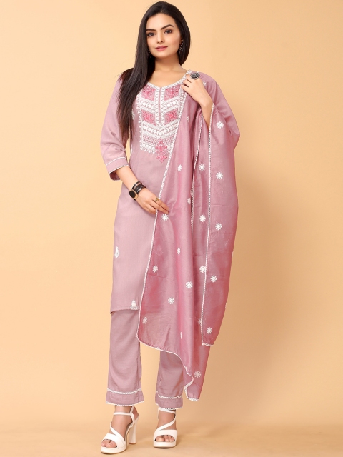 

all about you Women Peach-Coloured Floral Striped Thread Work Kurta with Trousers & With Dupatta