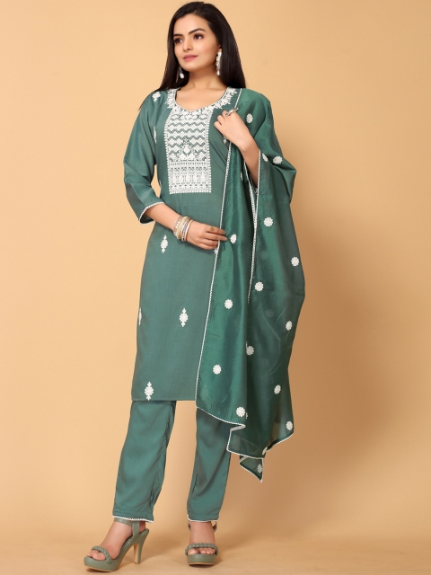 

all about you Women Green Floral Embroidered Thread Work Kurta with Trousers & With Dupatta