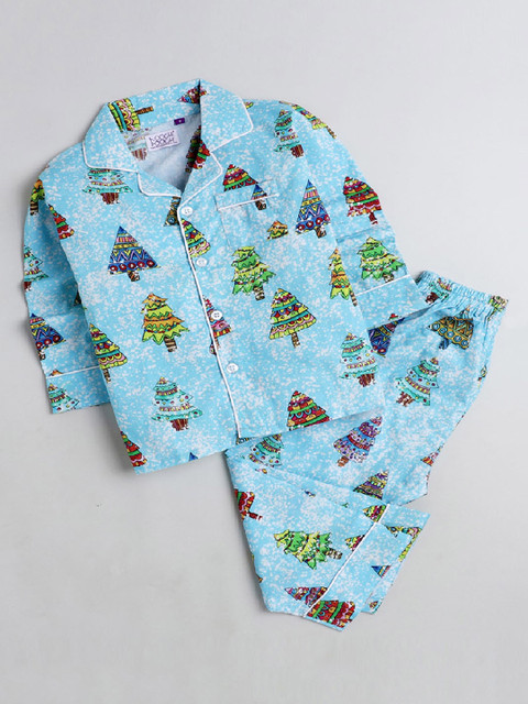 

KOOCHI POOCHI Unisex Kids Blue & Green Printed Night suit
