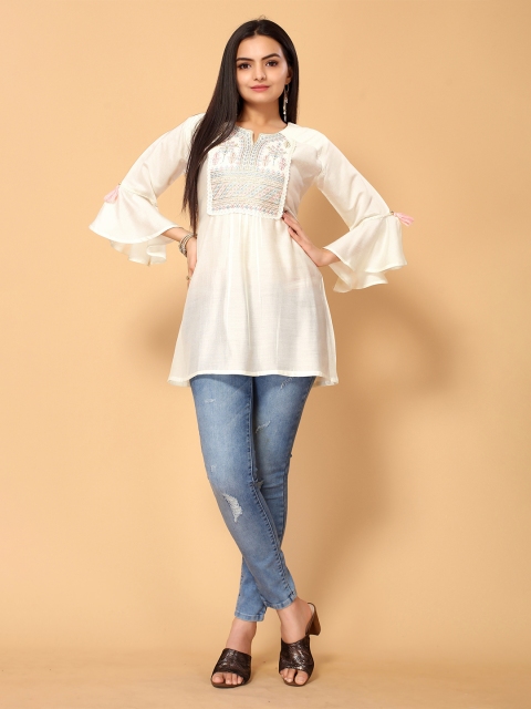 

all about you Off White Embroidered Bell Sleeved Top