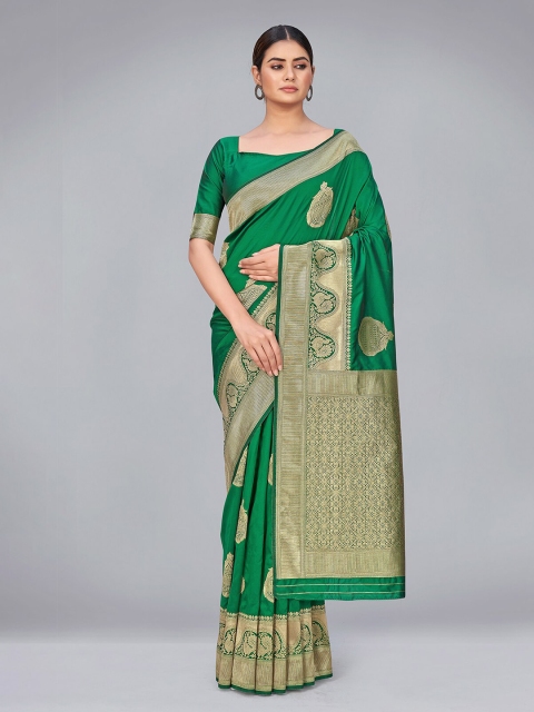 

MONJOLIKA FASHION Green & Gold-Toned Woven Design Zari Silk Blend Banarasi Saree