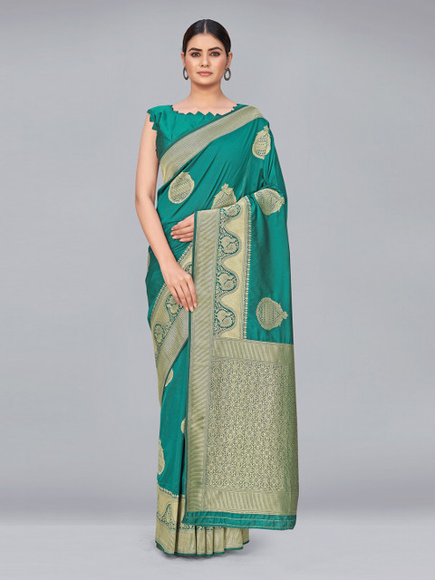 

MONJOLIKA FASHION Teal & Gold-Toned Woven Design Zari Silk Blend Banarasi Saree