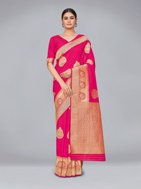 

MONJOLIKA FASHION Pink & Gold-Toned Woven Design Zari Silk Blend Banarasi Saree