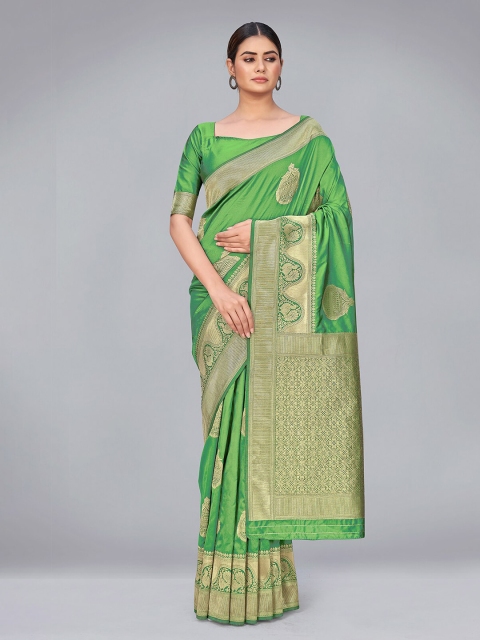 

MONJOLIKA FASHION Green & Gold-Toned Woven Design Zari Silk Blend Banarasi Saree