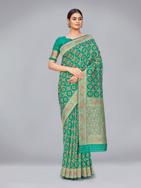 

MONJOLIKA FASHION Turquoise Blue & Gold-Toned Bandhani Zari Silk Blend Banarasi Saree
