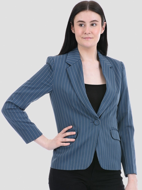 

Madame Women Blue Striped Single-Breasted Blazer