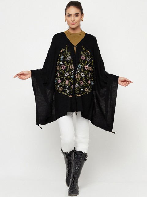 

Knitstudio Women Black Floral Woven Design Knitted Shawl