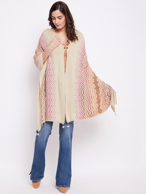 

Knitstudio Women Beige & Pink Woven-Design Shawl