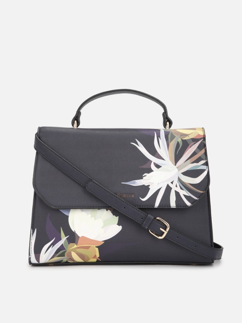 

Van Heusen Woman Navy Blue Floral Printed PU Structured Satchel with Applique