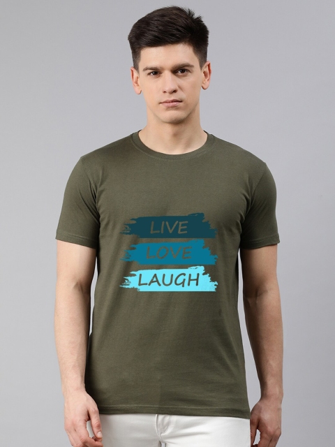 

UNSULLY Men Olive Green Typography Printed Applique T-shirt