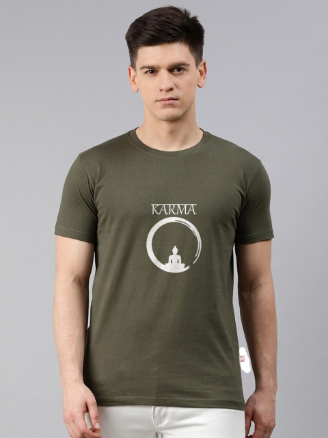 

UNSULLY Men Olive Green Typography Printed Applique T-shirt