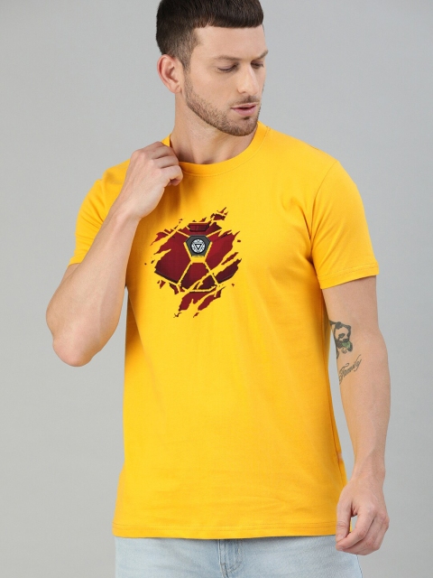 

UNSULLY Men Mustard Yellow Typography Printed Applique T-shirt